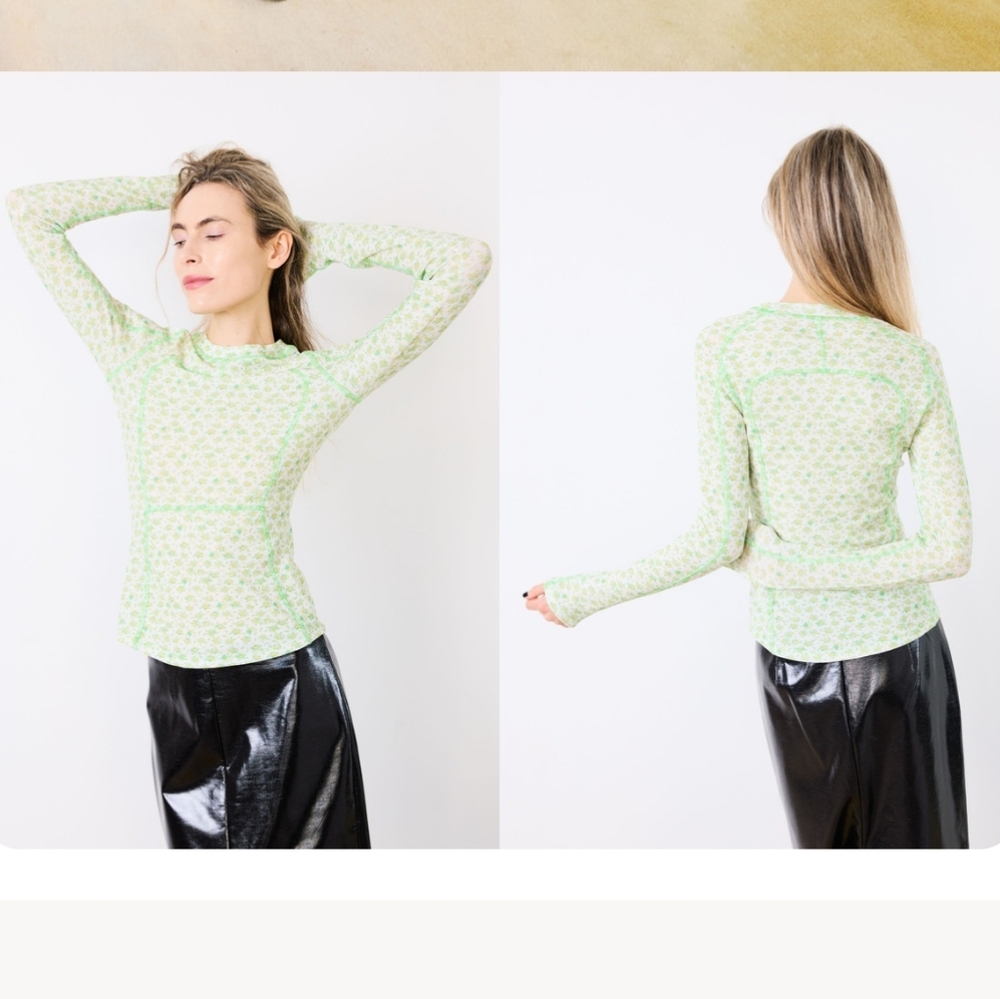 Nomia Paneled Scuba Long Sleeve Top Lemon Lime Floral Print M
